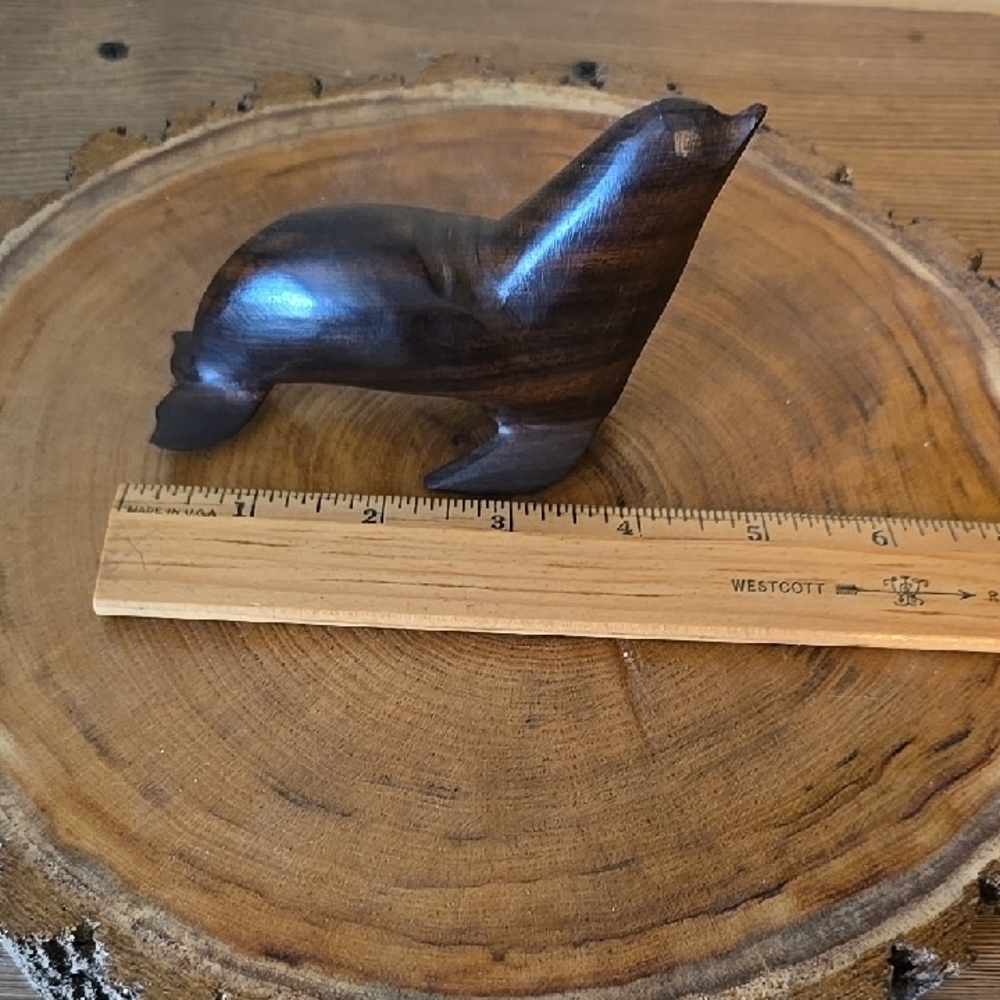 Handcarved Dark Brown Wooden Seal Sculpture - Picture 3 of 3